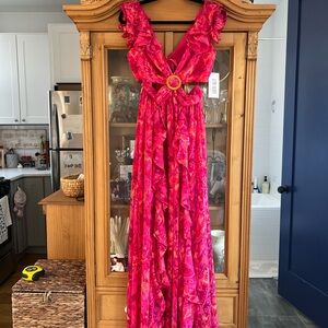 Vibrant Pink Ruffled Maxi Dress